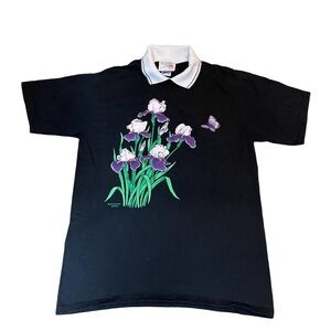 MORNING SUN black Cotton COLLARED TSHIRT Colorful Flowers Adult L VNTG 80’s/90’s